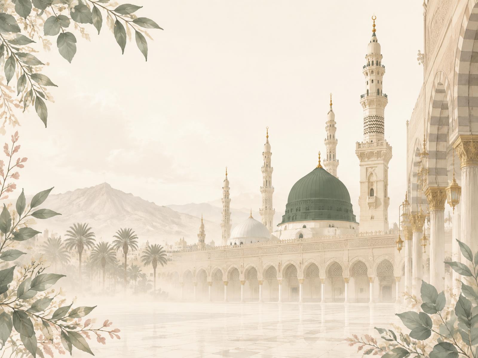 Soft illustrated view inspired by Al-Masjid an-Nabawi, framed with botanical leaves